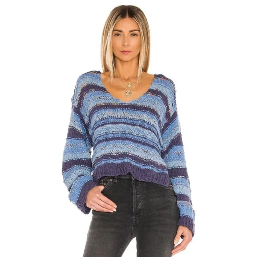Free People Lake Life Pullover Sweater Bottled Blue Combo size small Chunky Knit - Picture 2 of 13